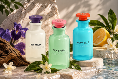 Louis Vuitton Journey to China Discovery Set with Ink Mark, Tea Storm and Moon Tale perfume bottles displayed on luxury stone platforms with purple flowers, citrus, green leaves and flowing water