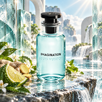 Louis Vuitton Imagination Eau de Parfum men's fragrance bottle in a luxurious sunlit setting with fresh citrus, ginger, white flowers, turquoise water and cascading waterfalls