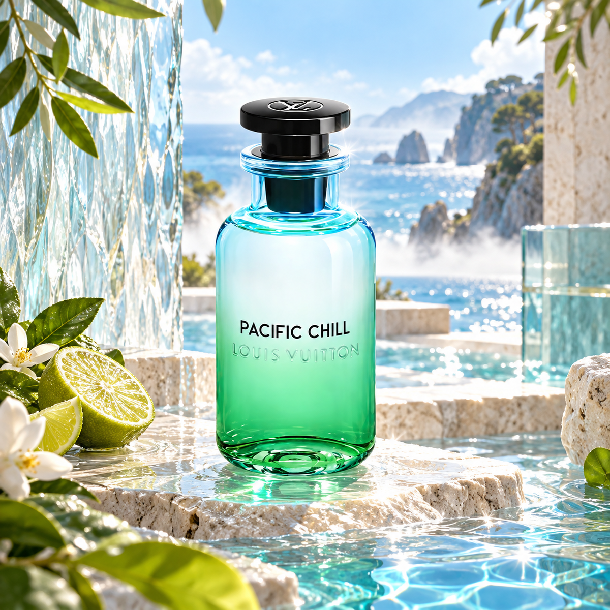 Louis Vuitton Pacific Chill Eau de Parfum unisex fragrance bottle in a luxurious coastal setting with blue-green glass, fresh citrus, white flowers, turquoise water and sunlit cliffs