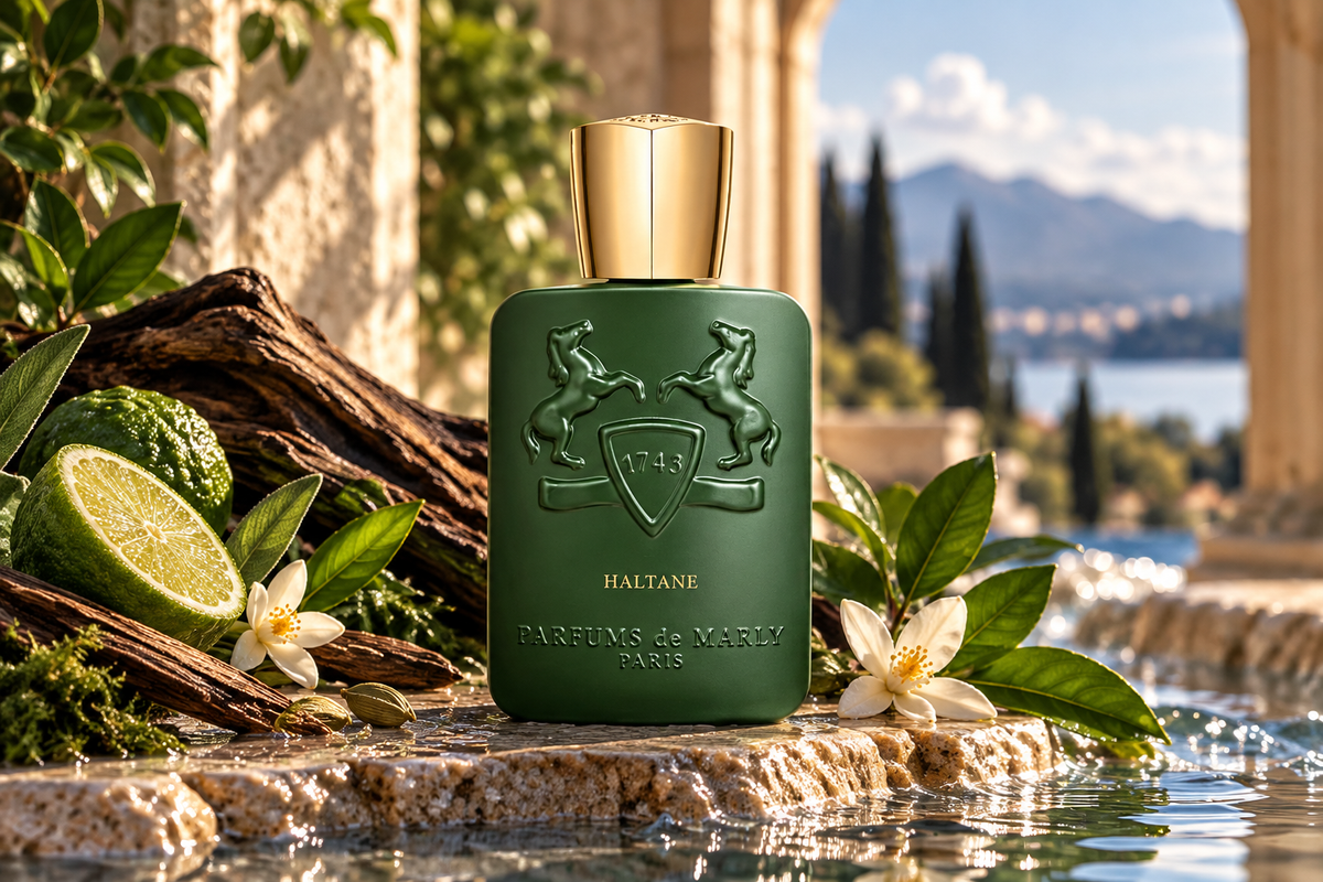 Parfums de Marly Haltane Eau de Parfum men's fragrance bottle in a luxurious Mediterranean coastal setting with matte green glass, gold cap, fresh citrus, white blossoms, driftwood and stone architecture