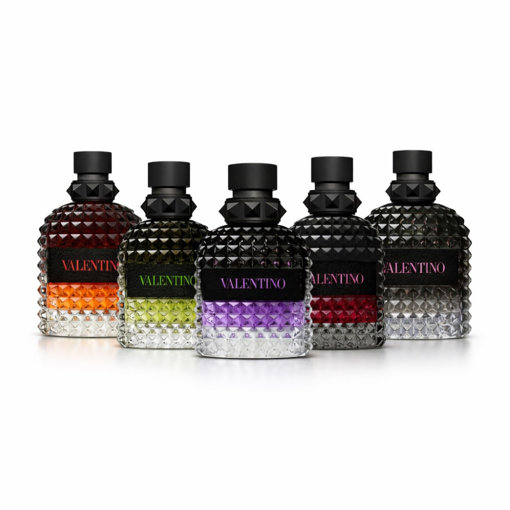 Valentino Uomo Born In Roma discovery set bottles collection men fragrance samples white background