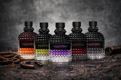 Valentino Uomo Born In Roma discovery set Intense Coral Fantasy Green Stravaganza Purple Melancholia men fragrance collection scene