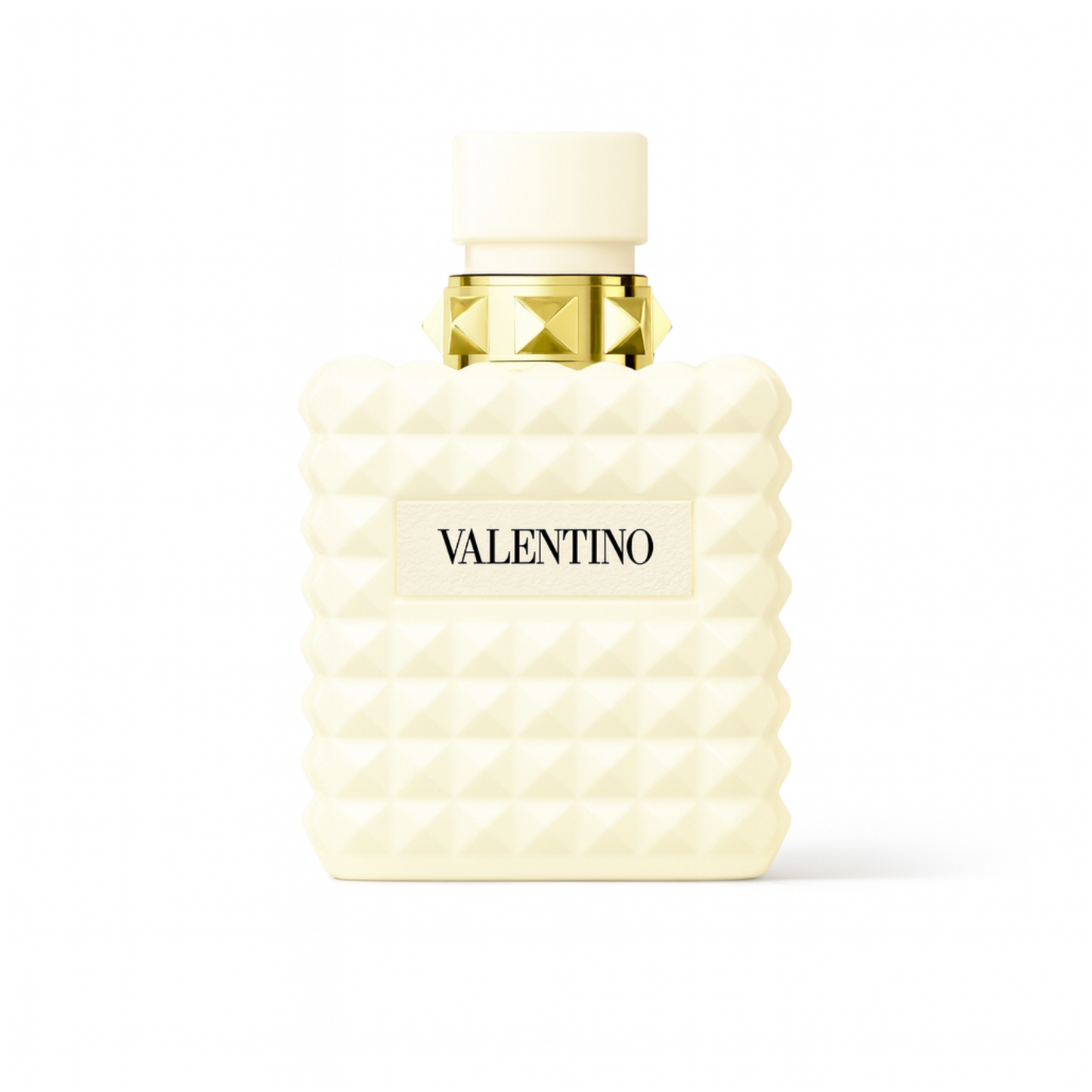 Valentino Donna Born in Roma Ivory perfume bottle with ivory studded design and gold accents on a plain white background