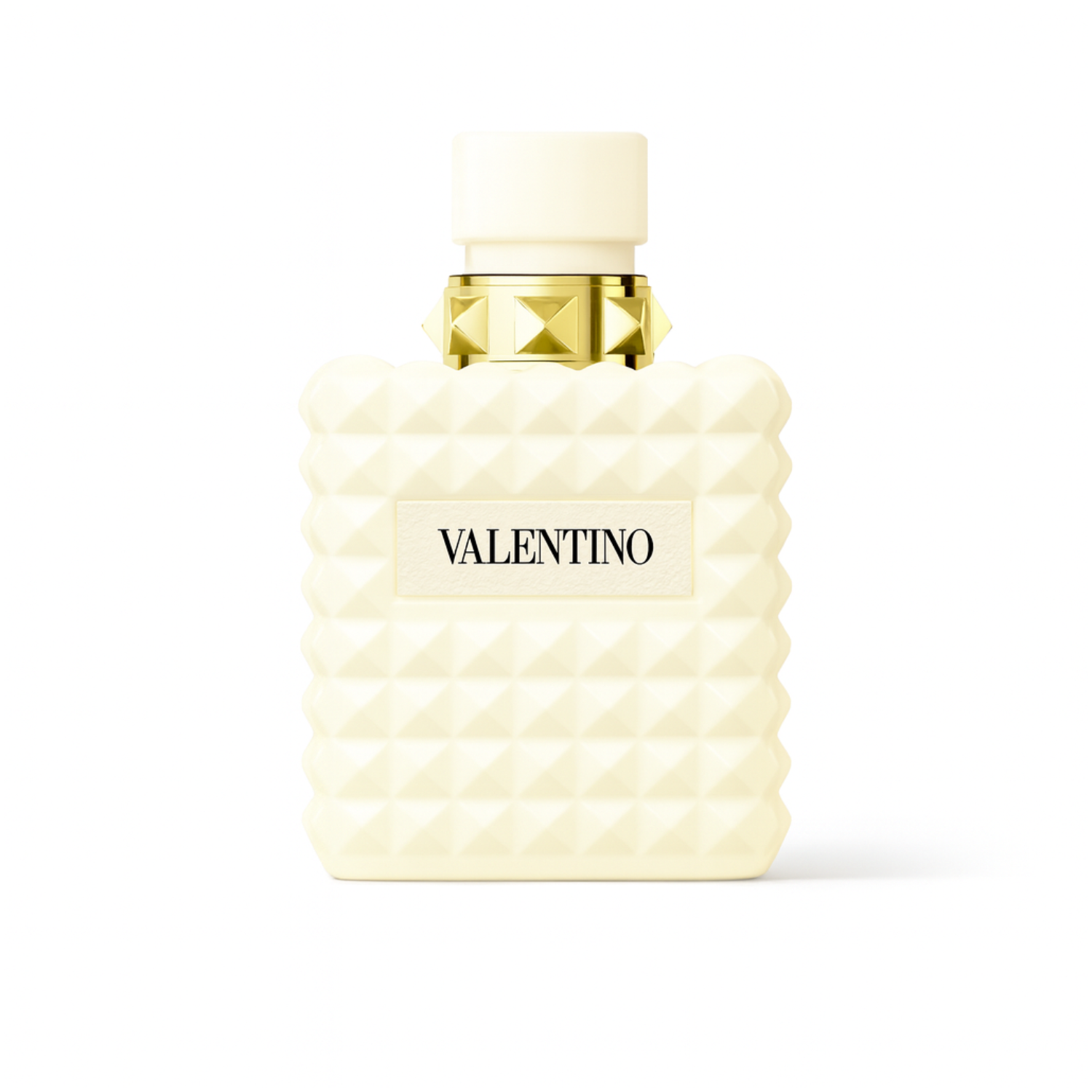 Valentino Donna Born in Roma Ivory perfume bottle with ivory studded design and gold accents on a plain white background