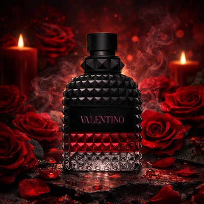 Valentino Uomo Born in Roma Intense Fragrance Bottle Sitting in front of a rose and red candle presentation