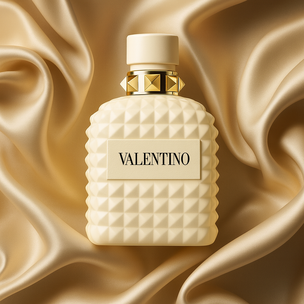 Valentino Uomo Born in Roma Ivory perfume bottle with studded ivory design and gold accents displayed on gold satin fabric background