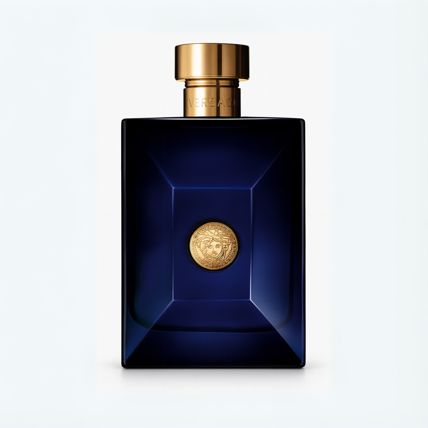 Versace Dylan Blue Eau de Toilette bottle with gold cap and Medusa emblem on plain white background