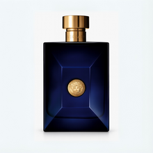 Versace Dylan Blue Eau de Toilette bottle with gold cap and Medusa emblem on plain white background