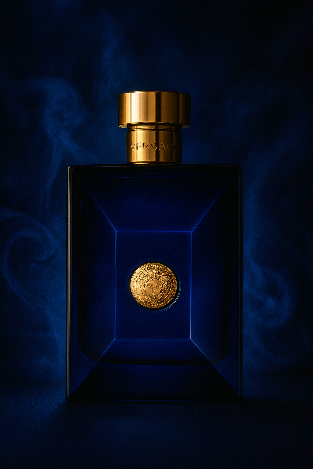 Versace Dylan Blue Eau de Toilette bottle in deep blue glass with gold cap and Medusa emblem against dark smoky background