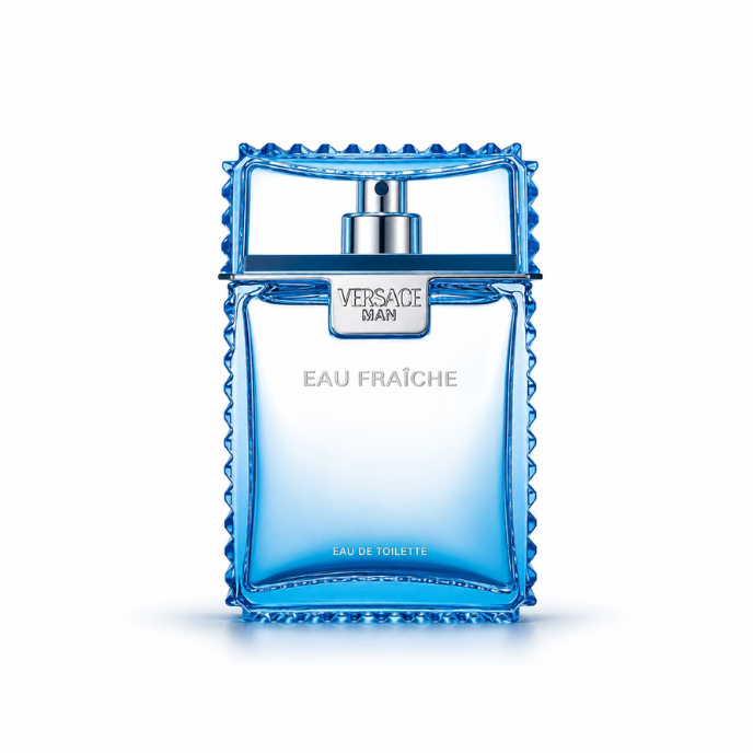 Versace Man Eau Fraîche Eau de Toilette fragrance bottle with signature transparent blue glass design displayed on a clean white background.