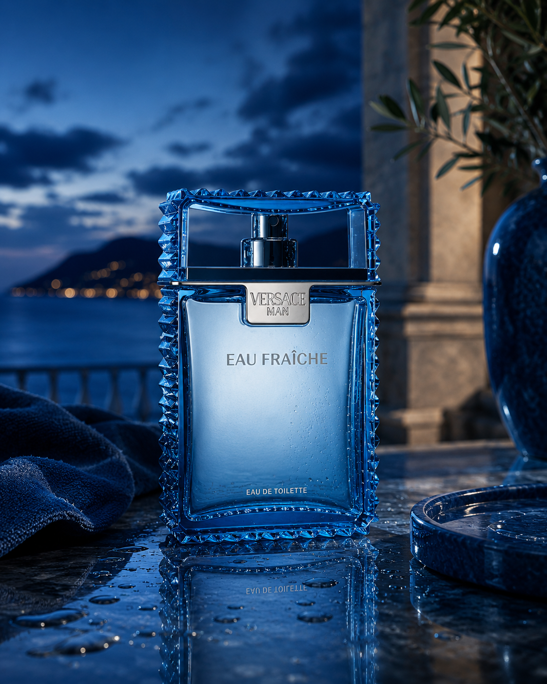 Versace Man Eau Fraîche Eau de Toilette luxury men's fragrance displayed on a marble surface overlooking a Mediterranean coastline at dusk with cool blue lighting and fresh aquatic ambiance