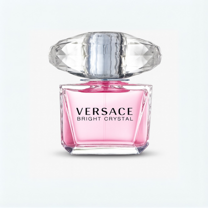 Versace Bright Crystal Eau de Toilette pink perfume bottle with crystal cap on a plain white background