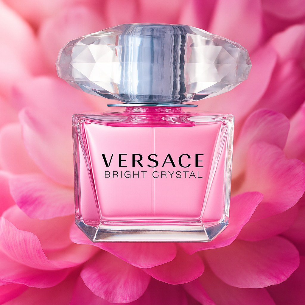 Versace Bright Crystal Eau de Toilette pink perfume bottle with crystal cap displayed against pink flower petals background