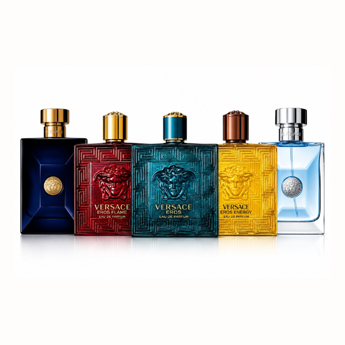 Versace Discovery Set featuring Eros Eau de Parfum, Eros Flame Eau de Parfum, Eros Energy Eau de Parfum, Dylan Blue, and Pour Homme on a clean white background
