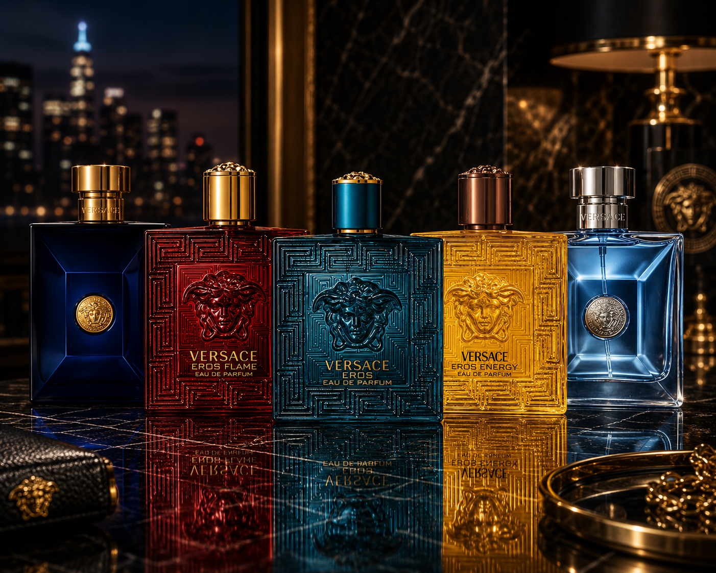 Versace Discovery Set featuring Eros Eau de Parfum, Eros Flame, Eros Energy, Dylan Blue, and Pour Homme displayed together in a luxury interior with dark marble, gold accents, and an elegant city skyline backdrop