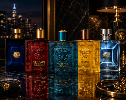 Versace Discovery Set featuring Eros Eau de Parfum, Eros Flame, Eros Energy, Dylan Blue, and Pour Homme displayed together in a luxury interior with dark marble, gold accents, and an elegant city skyline backdrop