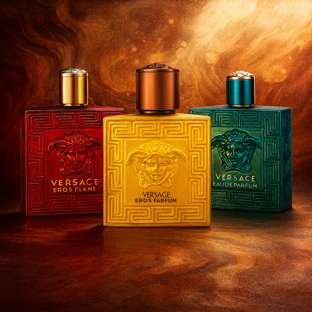 Versace Eros Discovery Sample Pack – Eros Flame, Eros Energy, and Eros Eau de Parfum bottles on a textured beige background