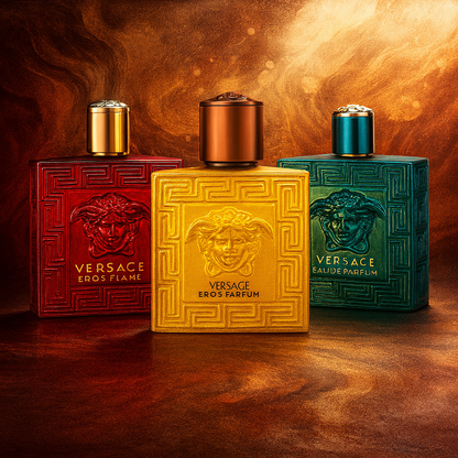 Versace Eros Discovery Sample Pack – Eros Flame, Eros Energy, and Eros Eau de Parfum bottles on a textured beige background