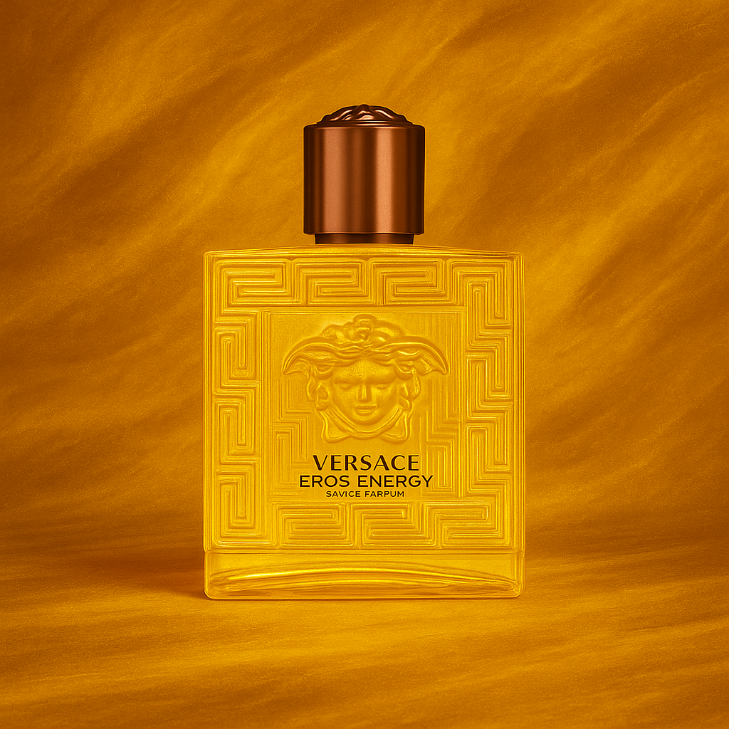 Versace Eros Energy Eau de Parfum bottle displayed on vibrant gold background