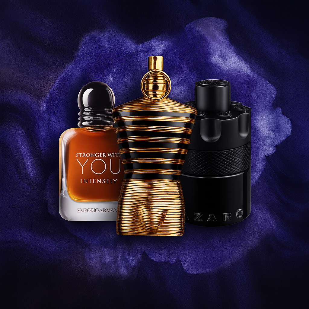 Armani Stronger With You Intensely, Jean Paul Gaultier Le Male Elixir, and Azzaro The Most Wanted Intense on a purple aesthetic background