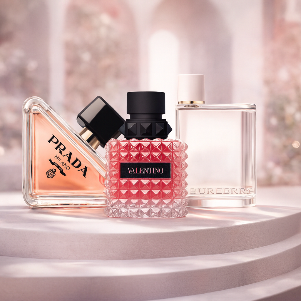 Women's Best Sellers Discovery Pack showcasing Prada Paradoxe, Valentino Donna Born In Roma, and Burberry Her displayed on a soft, elegant pedestal.