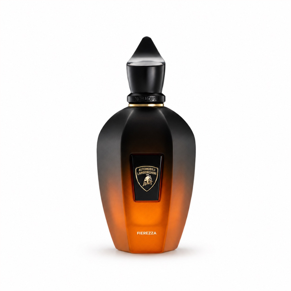 Xerjoff Fierezza by Automobili Lamborghini collaboration fragrance bottle with amber gradient glass and black cap on white background