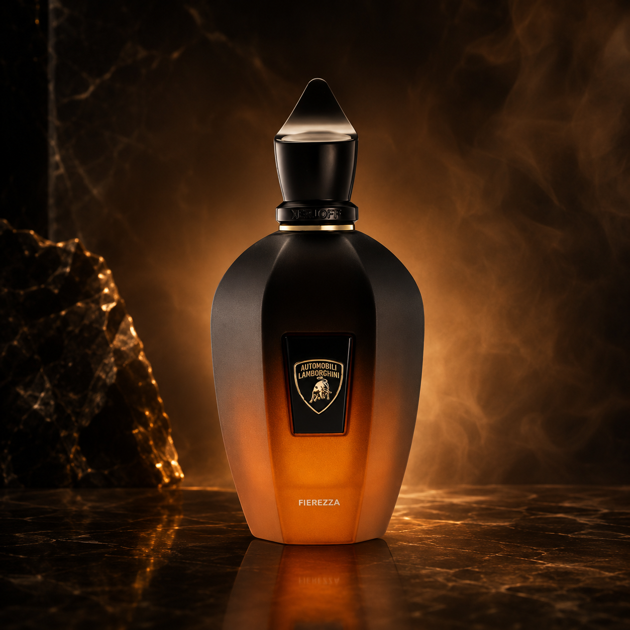 Xerjoff Fierezza luxury niche fragrance by Automobili Lamborghini and Xerjoff displayed on dark marble with warm amber lighting and smoky backdrop