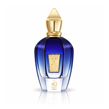 Xerjoff 40 Knots Eau de Parfum unisex fragrance bottle with deep blue gradient glass, gold pointed cap and signature Xerjoff emblem on white background