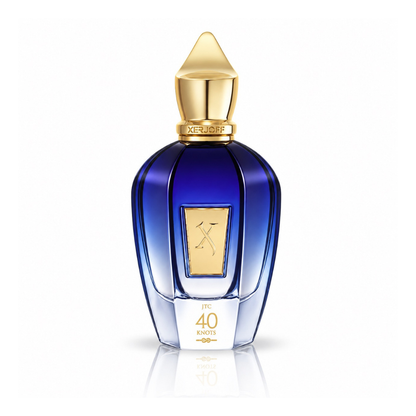 Xerjoff 40 Knots Eau de Parfum unisex fragrance bottle with deep blue gradient glass, gold pointed cap and signature Xerjoff emblem on white background