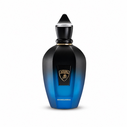 Xerjoff Avanguardia by Automobili Lamborghini luxury fragrance bottle with blue gradient glass and black cap on white background