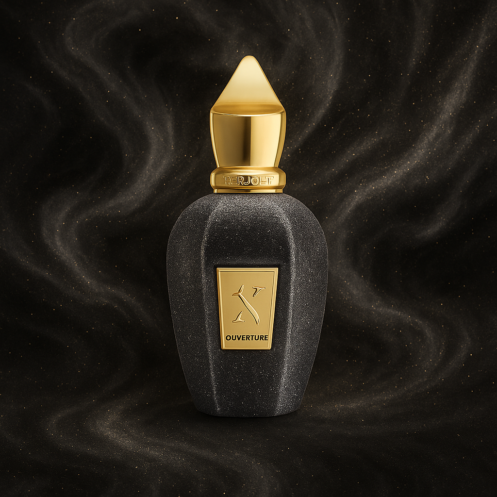 Luxury bottle of Xerjoff Ouverture perfume with gold cap and dark stone finish on an elegant black background