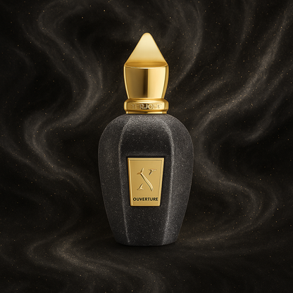 Luxury bottle of Xerjoff Ouverture perfume with gold cap and dark stone finish on an elegant black background