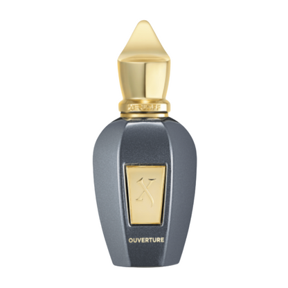 Xerjoff Ouverture Eau de Parfum bottle with gold cap and textured black exterior on a white background