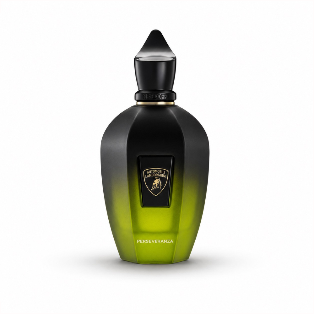 Xerjoff Perseveranza by Automobili Lamborghini collaboration fragrance bottle with green and black luxury design on white background