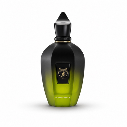 Xerjoff Perseveranza by Automobili Lamborghini collaboration fragrance bottle with green and black luxury design on white background