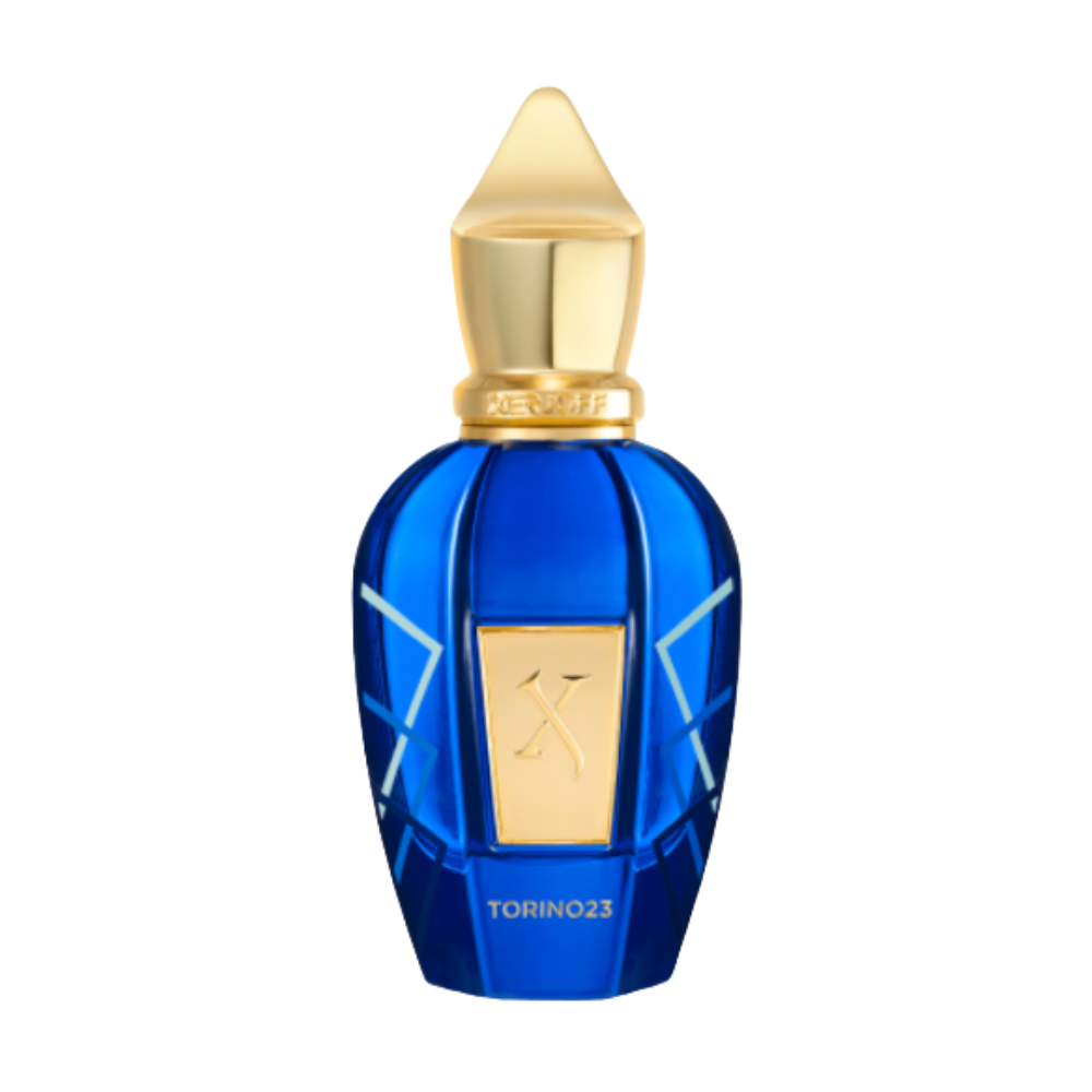 Xerjoff Torino 23 perfume bottle on white background, showcasing its bold blue and gold design for product display