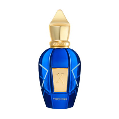 Xerjoff Torino 23 perfume bottle on white background, showcasing its bold blue and gold design for product display