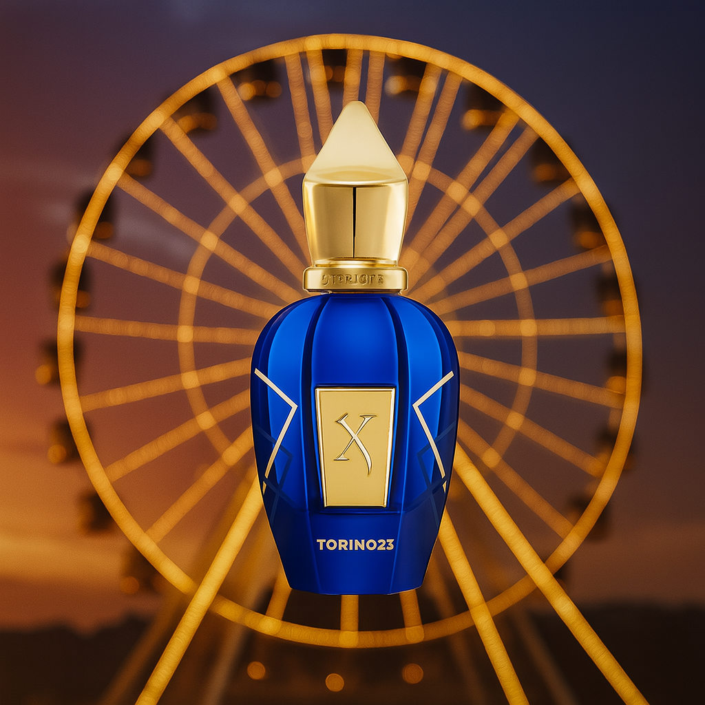 Xerjoff Torino 23 bottle in front of a golden Ferris wheel at sunset, luxury niche perfume presentation