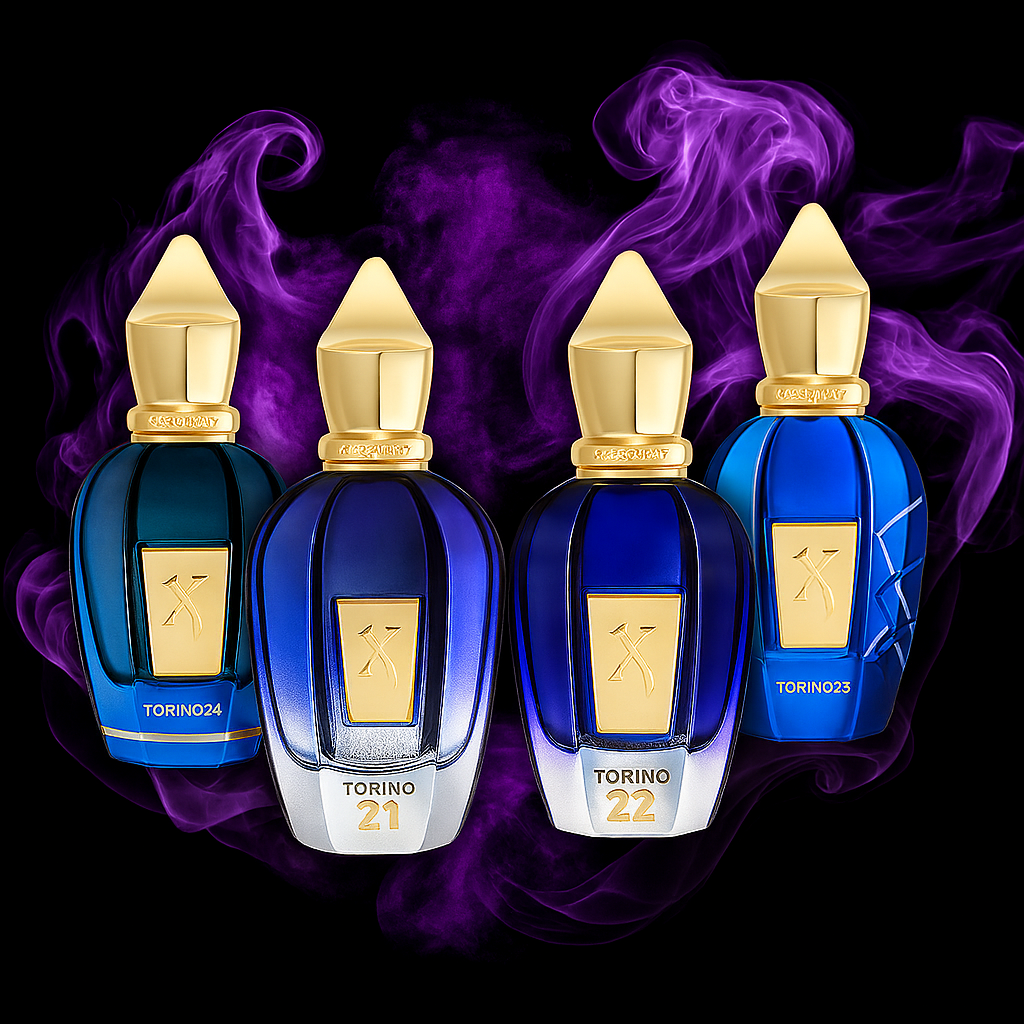 Xerjoff Torino Sample Pack featuring all four bottles against a black background with purple smoke