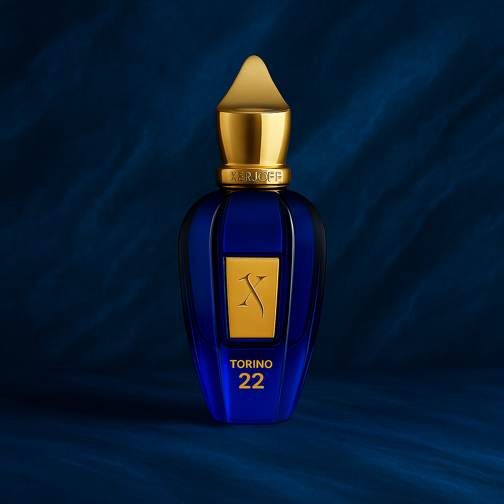 Xerjoff Torino 22 perfume bottle with gold cap and blue background – niche fragrance luxury aesthetic