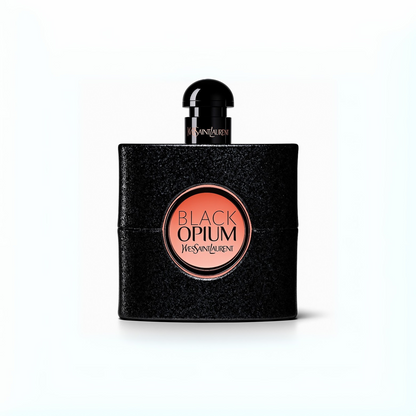 Yves Saint Laurent Black Opium Eau de Parfum black glitter bottle with pink center label on a plain white background
