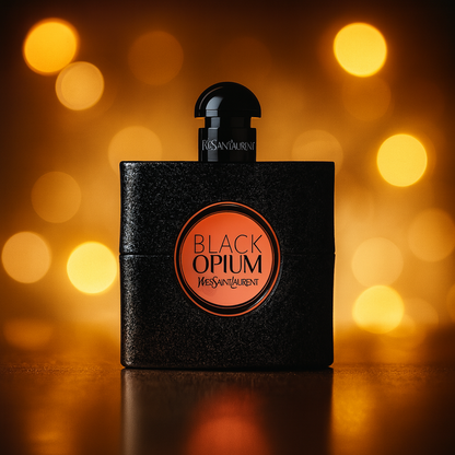 Yves Saint Laurent Black Opium Eau de Parfum black glitter bottle with pink center label displayed against golden lights background