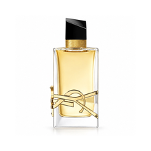 Yves Saint Laurent Libre Eau de Parfum women's perfume bottle with golden fragrance, black cap and gold YSL logo on white background