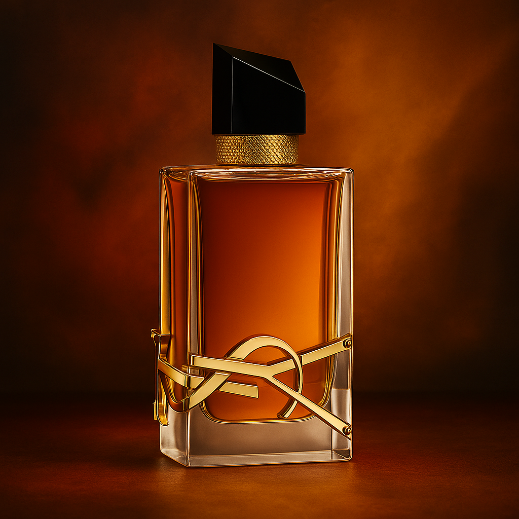 YSL Libre Intense Eau de Parfum against warm amber background – rich golden bottle for women