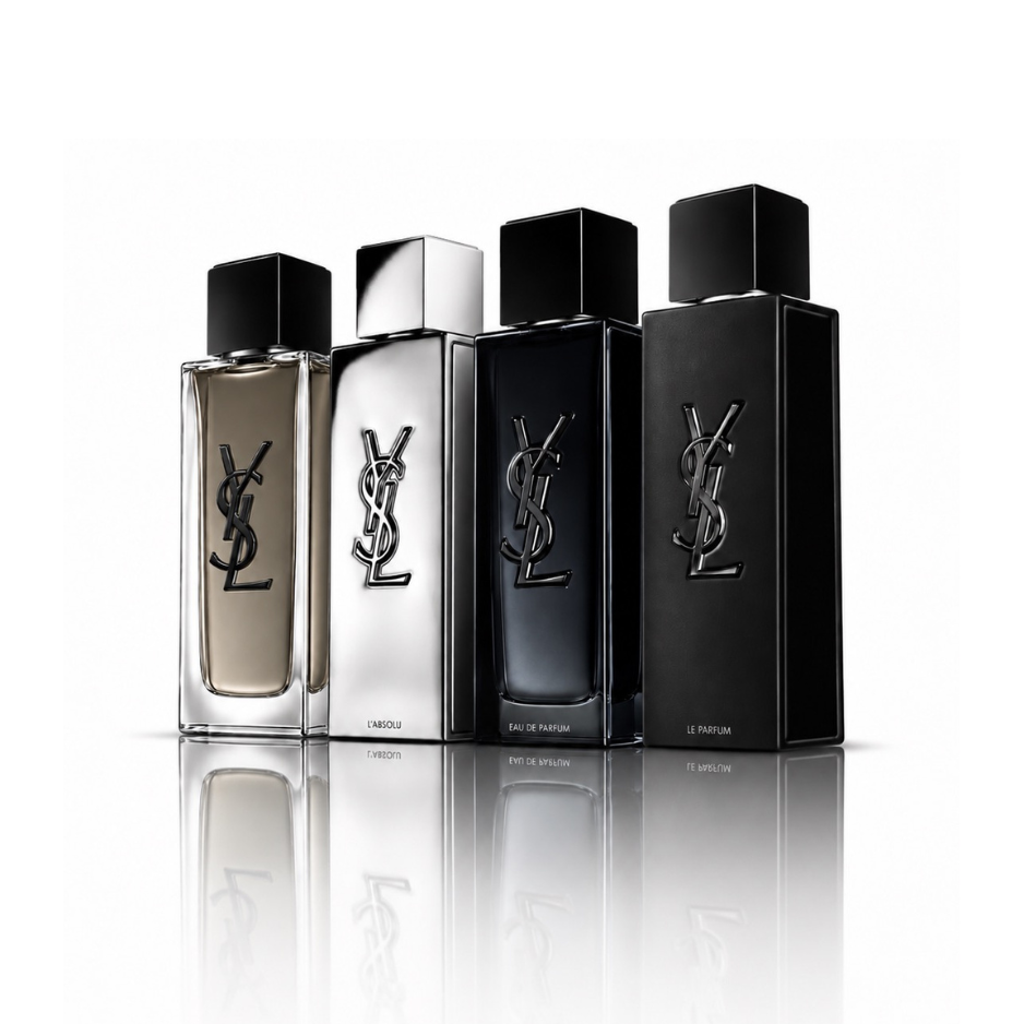 YSL MYSLF Discovery Set featuring MYSLF EDP, Le Parfum, L'Absolu and EDT Intense men's fragrance bottles on white background