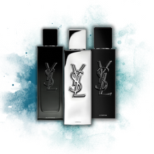 YSL Myslf Discovery Pack featuring L'Absolu, Eau de Parfum, and Le Parfum bottles against a watercolor backdrop