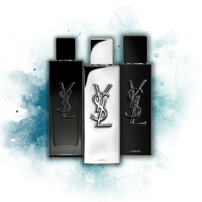 YSL Myslf Discovery Pack featuring L'Absolu, Eau de Parfum, and Le Parfum bottles against a watercolor backdrop
