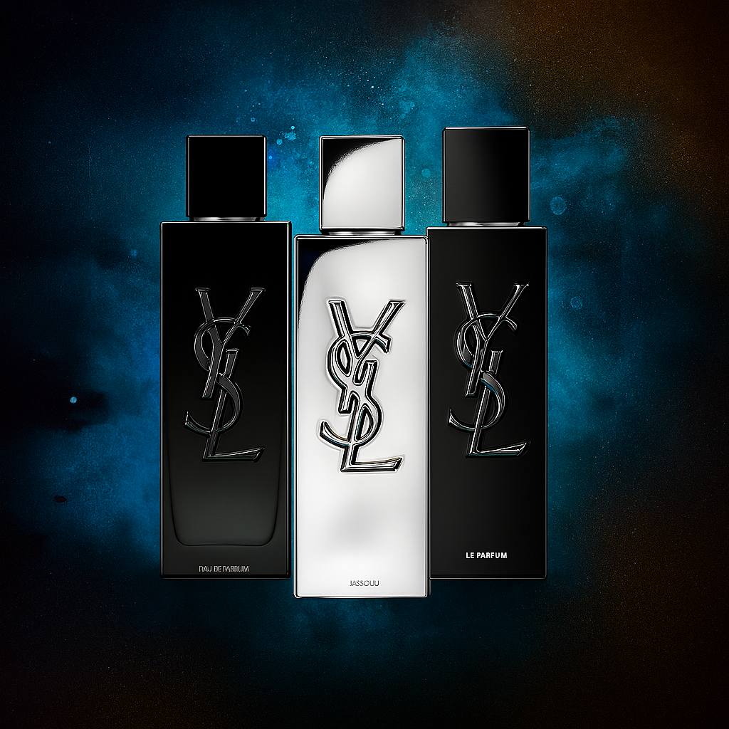 YSL Myslf Discovery Sample Set displayed with bold cosmic background featuring L'Absolu, Le Parfum, and Eau de Parfum
