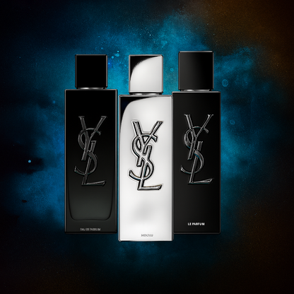 YSL Myslf Discovery Sample Set displayed with bold cosmic background featuring L'Absolu, Le Parfum, and Eau de Parfum