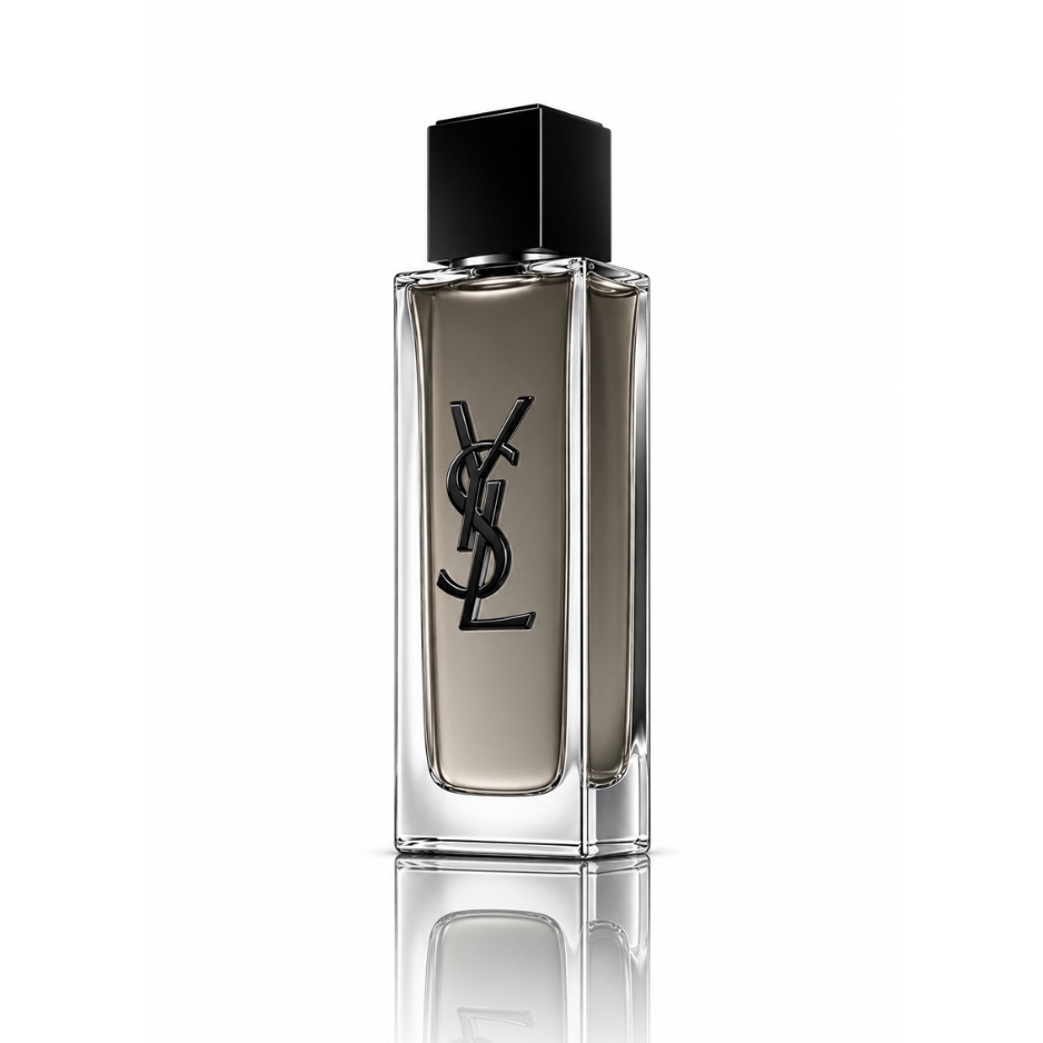 Yves Saint Laurent MYSLF Eau de Toilette men's fragrance bottle with clear glass, smoky grey fragrance, black YSL logo and square black cap on white background

